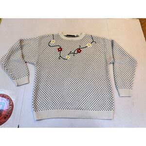 Bramble Lane Vintage Floral Embroidered Birdseye Knit Sweater Cream Black Large